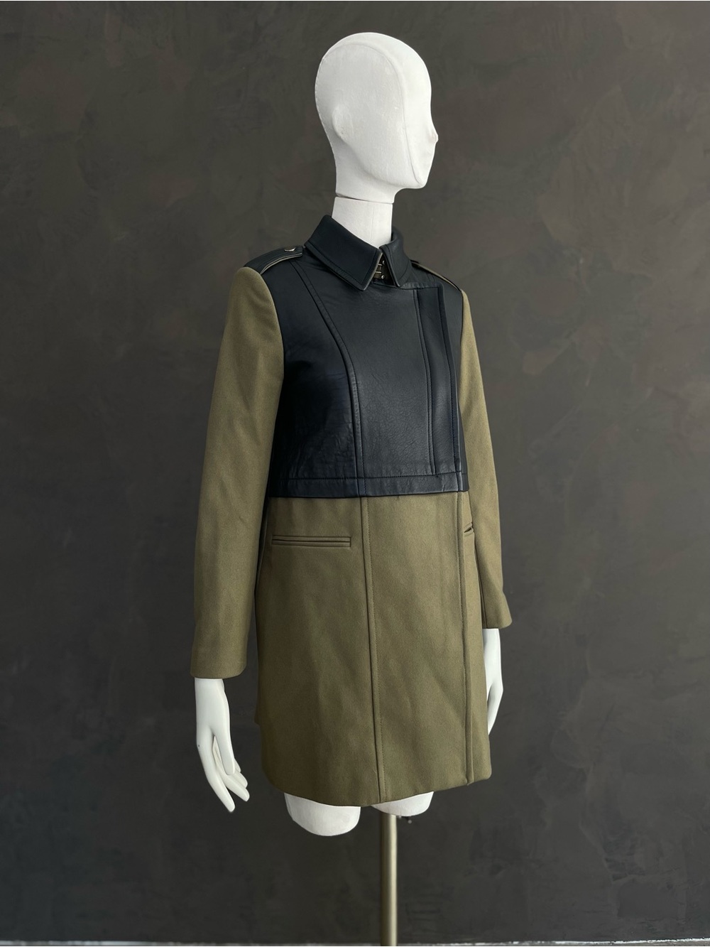 Club Monaco Italian Wool Lamb Leather Mixed Media Moto Trench Coat Olive Black S